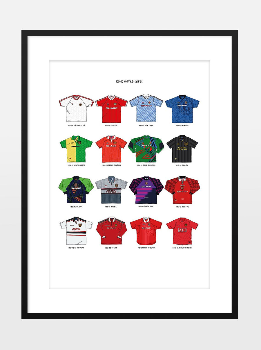 Ikonische Manchester United Trikots A3 Kunstdruck